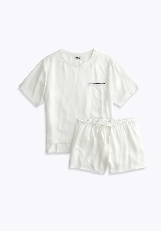 Leonora Short Set in White Washable Silk Velvet pajama sets