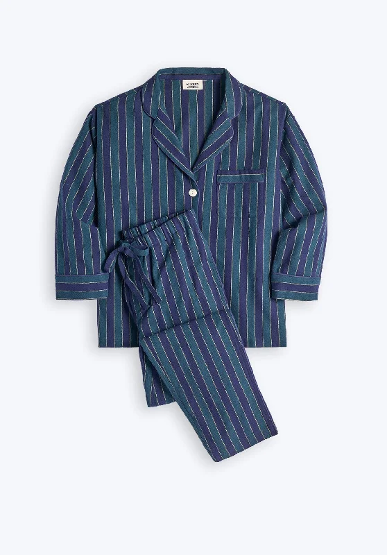 Marina Pajama Set in Green, Navy, and Gold Flannel Stripe Personalized pajama sets