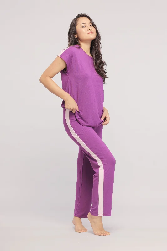 Royal Purple Lounge Set With Pink Stripe Funny graphic pajama sets