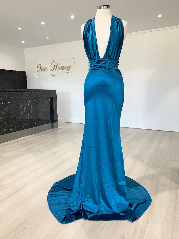 Honey Couture BLOSSUM Blue Multi Tie Evening Gown Dress Romantic Lace Set