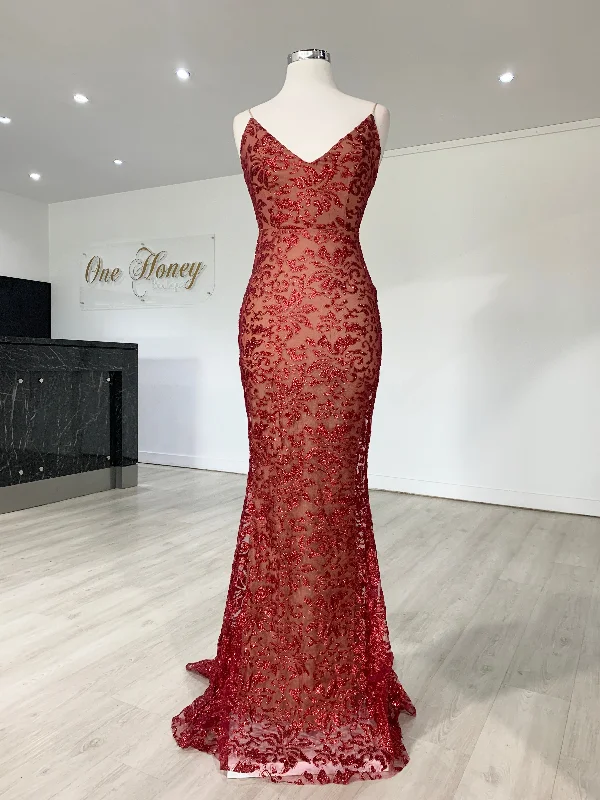 Honey Couture GRETA Red Lace & Glitter Overlay Mermaid Formal Gown Dress Elegant Silk Gown