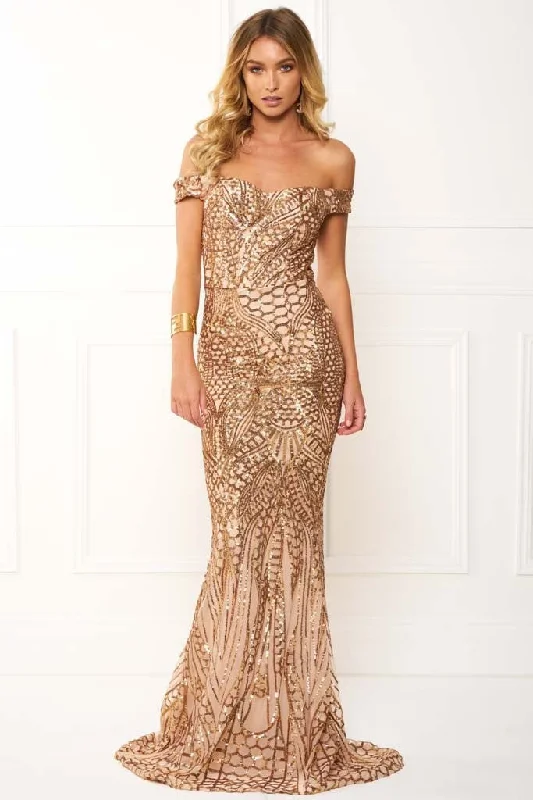 Honey Couture HAILEY Rose Gold Sequin Off Shoulder Evening Gown Dress Luxe Satin Gown