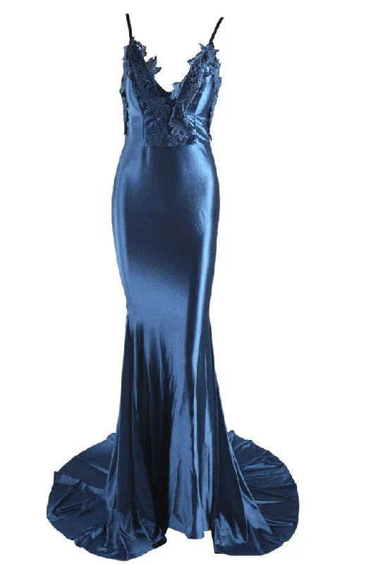 Honey Couture PENELOPE Blue Applique Formal Gown Dress Elegant Gown Robe