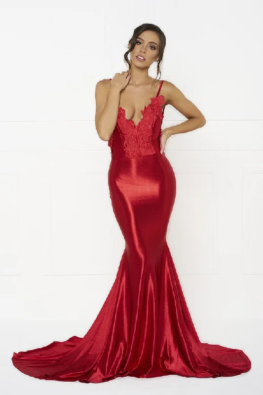 Honey Couture PENELOPE Red Applique Formal Gown Dress Cozy Evening Gown