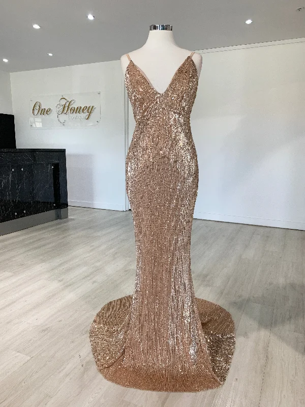 Honey Couture ROSALIE Champagne Gold Low Back Sequin Formal Gown Dress Bridal Gown Set