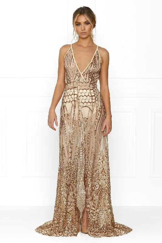 Honey Couture SIENA Rose Gold Sheer Sequin w Split Evening Gown Dress Bridal Satin Set