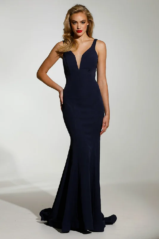 Tina Holly Couture T1708 Navy Blue Deep V Neckline w a Drape Back Formal Gown Dress Elegant Satin Set