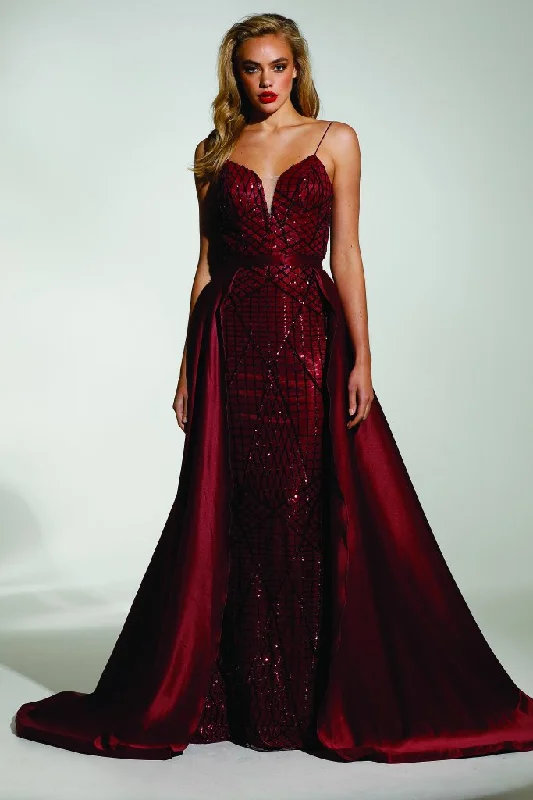 Tinaholy Couture T17128 Wine Red Sequin Mermaid Skirt Formal Gown Prom Dress Luxury Satin Gown