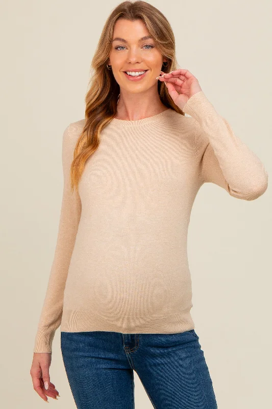 Beige Basic Soft Knit Maternity Sweater Water-resistant sweaters