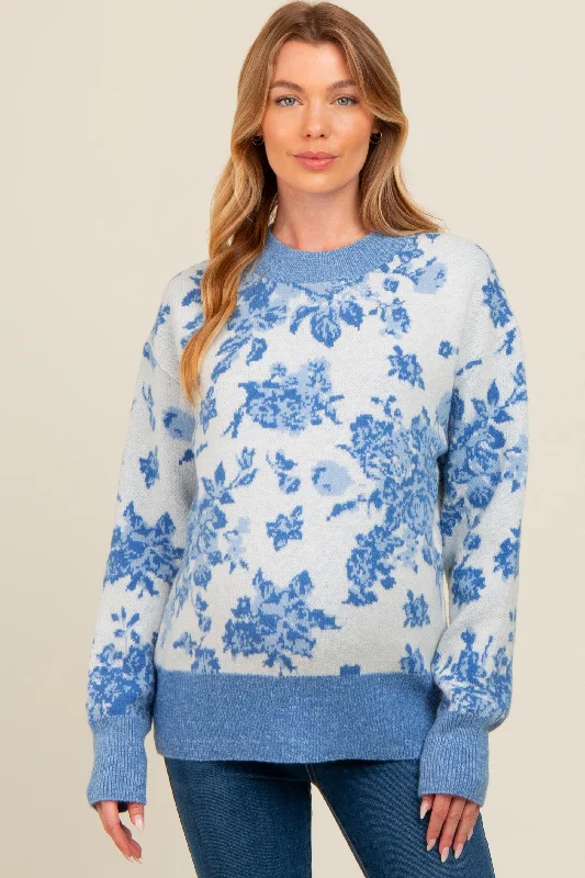 Blue Floral Crew Neck Maternity Sweater Crewneck sweaters