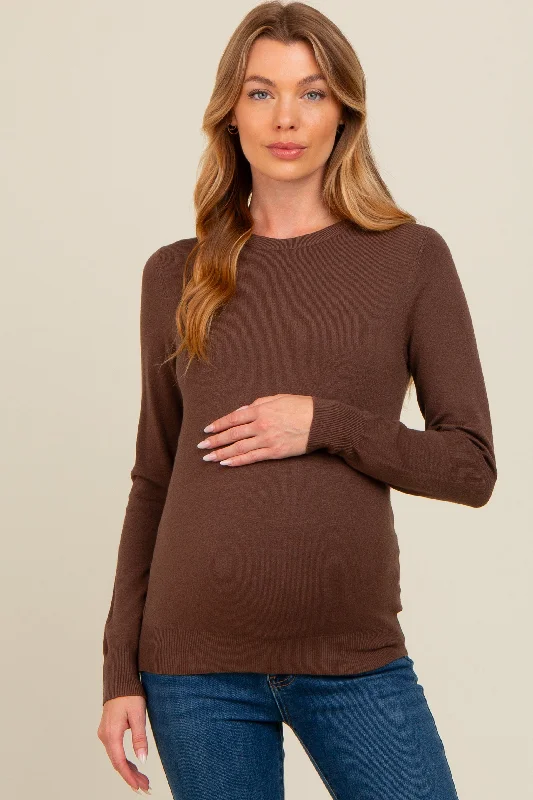 Brown Basic Soft Knit Maternity Sweater V-neck sweaters