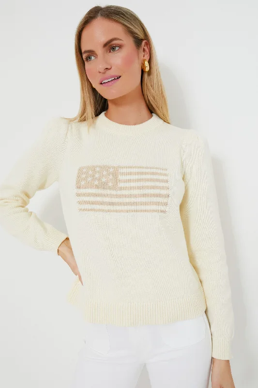 Ivory and Sandstone Cropped Puff Sleeve Americana Sweater Thermal sweaters