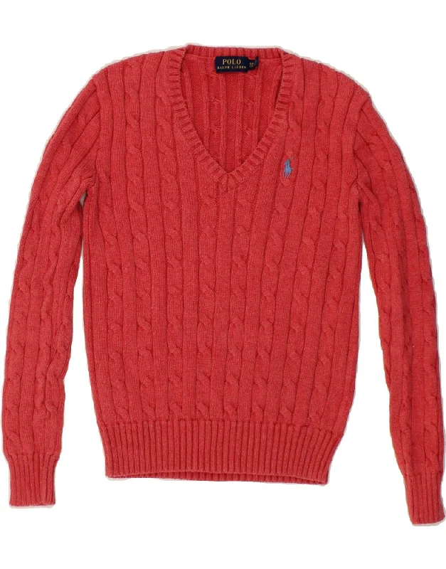 POLO RALPH LAUREN Womens V-Neck Jumper Sweater UK 2 2XS Red Work sweaters