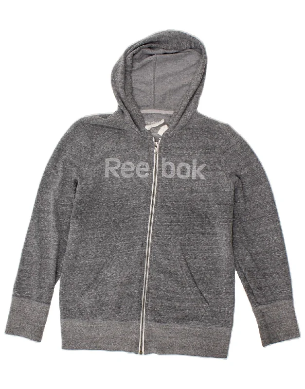 REEBOK Womens Graphic Zip Hoodie Sweater UK 16 Large Grey Flecked Cotton Weekend sweaters