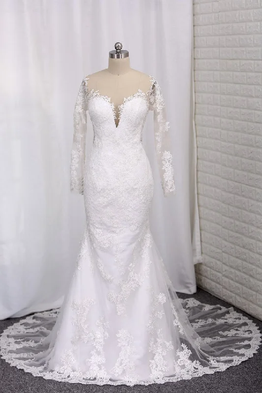 2024 New Arrival Wedding Dresses Tulle Scoop Long Sleeves With Applique Mermaid Floral Bridal Gown