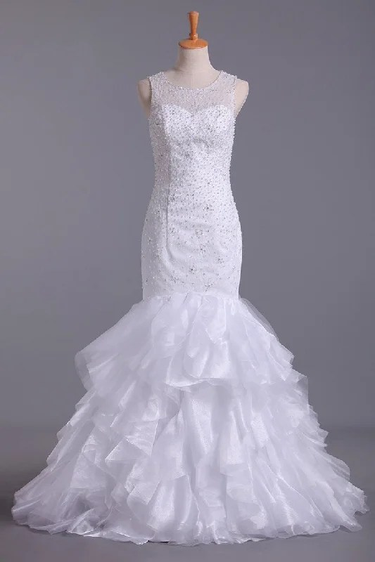 2024 Wedding Dresses Scoop Mermaid Court Train Organza Court Train Mermaid Lace Gown