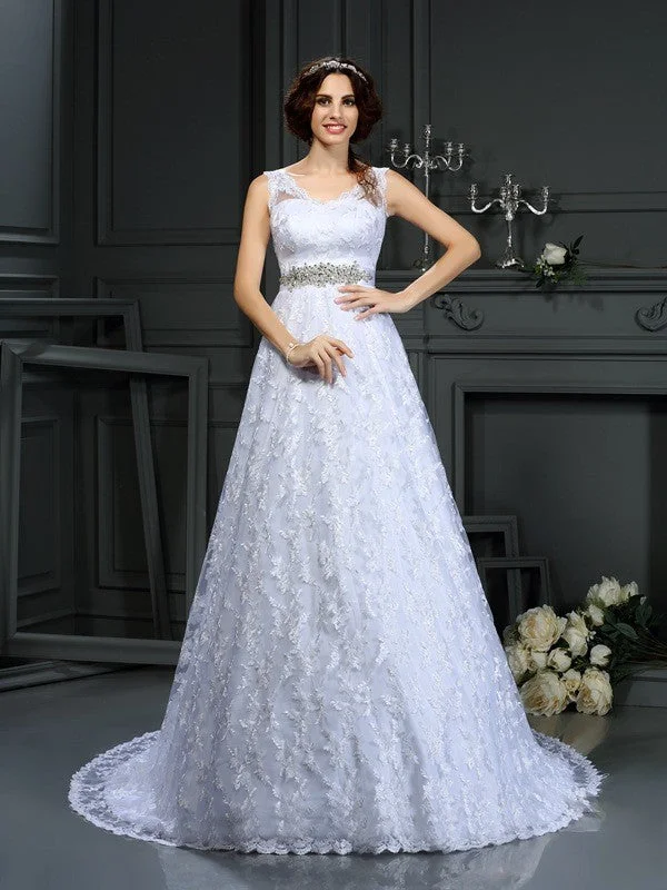 A-Line/Princess V-neck Lace Sleeveless Long Satin Wedding Dresses Formal Wedding Dress