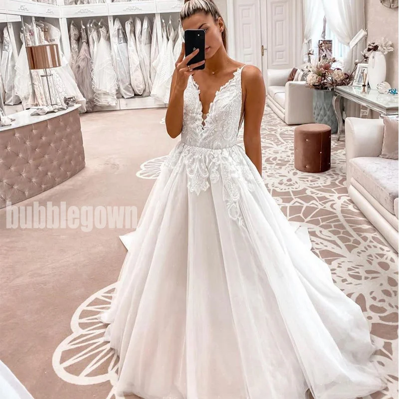 A Line Spaghetti Strap V-neck Charming Applique Long Wedding Dresses, BGH006 Beautiful Lace Gown