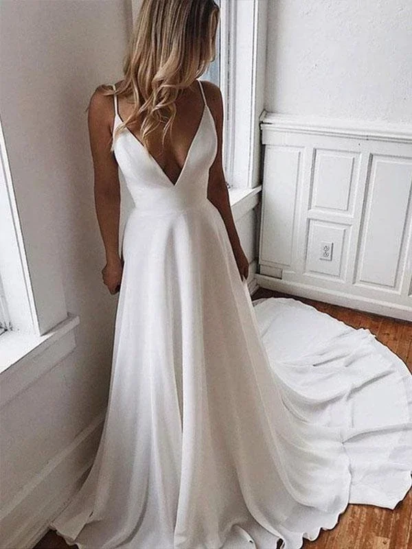 A-line Spaghetti Straps V-neck Lace Back Long Simple Wedding Dresses, WD0472 Lace Back Wedding