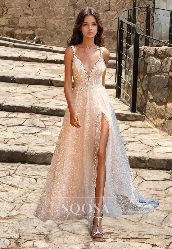 Deep V-Neck Spaghetti Straps A-Line Wedding Dress Glitter-Knit Beaded Floor-Length Slit Beach Bride Gowns Satin Wedding Dress