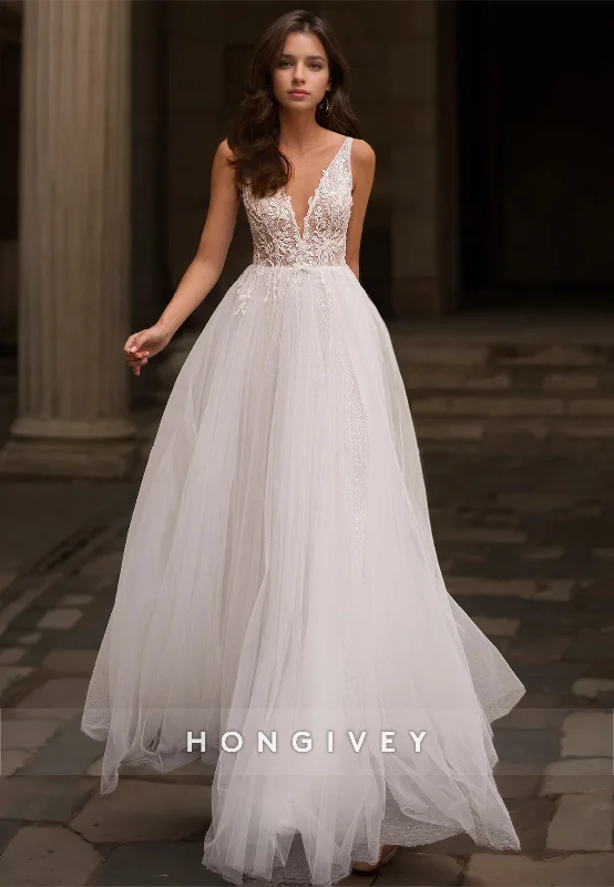 HONGIVEY Straps Lace Wedding Dresses A-Line Tulle Floor Lenghth Bridal Dress Strapless Lace Dress