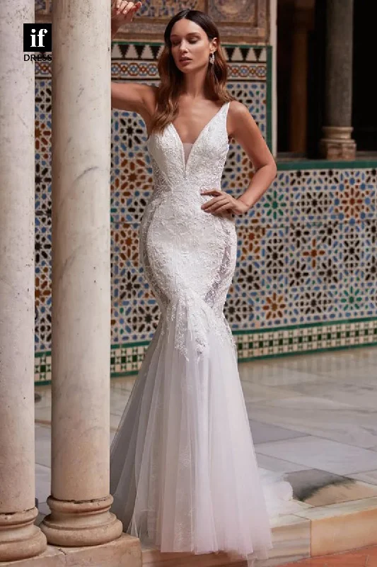 71122 - Classic Straps V-Neck Lace Appliques Mermaid Beach Wedding Dress with Train Empire Waist Dress