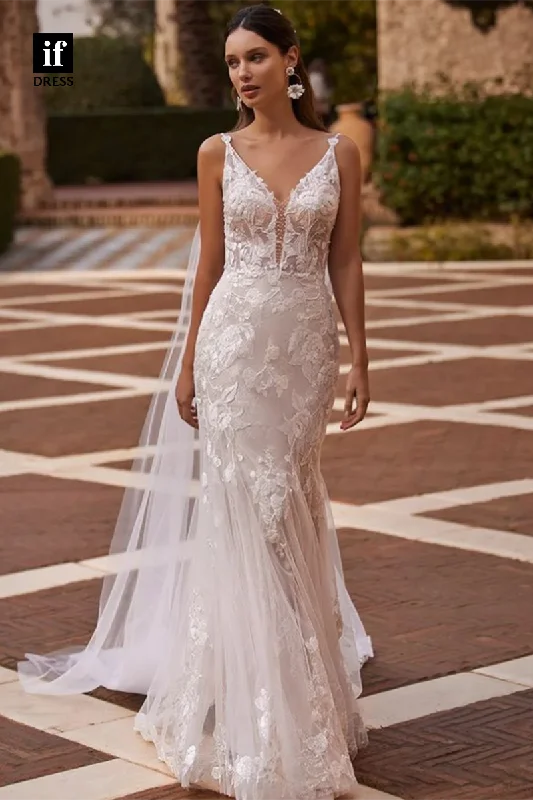 71123 - Classy Straps V-Neck Lace Appliques Bohemian Wedding Gown with Train Satin Lace Gown