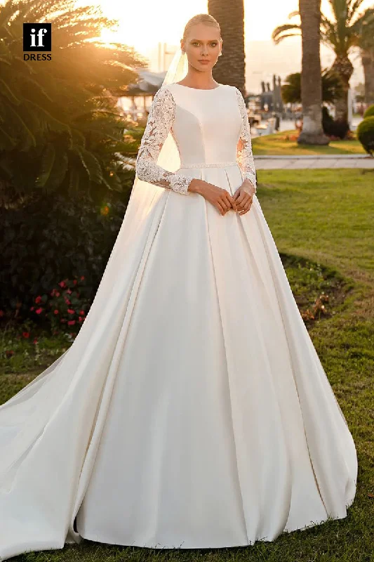 71124 - A-Line Scoop Long Sleeves Pleats Satin Beach Wedding Dress with Train Lace Back Wedding