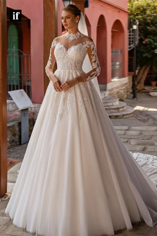 71125 - Elegant A-Line Illusion Neck Lace Appliques Boho Wedding Dress with Train Open Back Dress