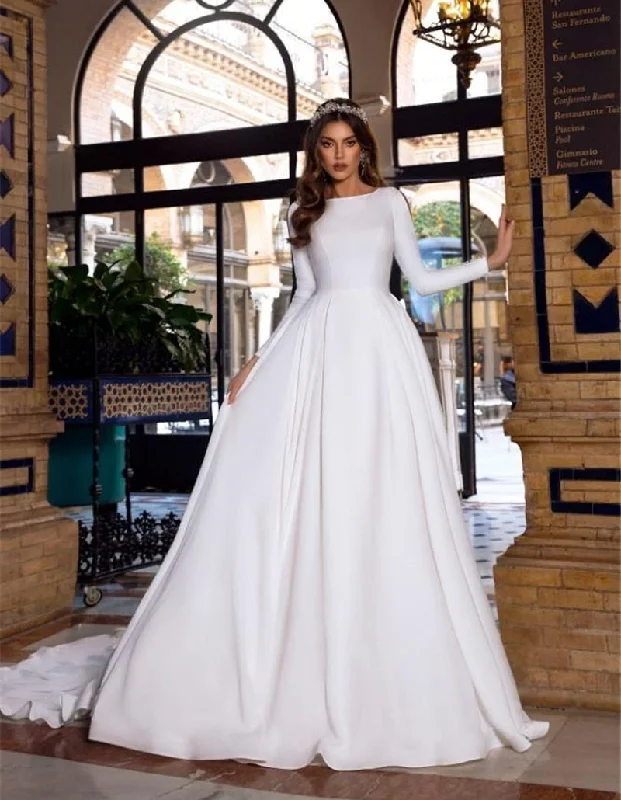 High Quality Satin Wedding Dress Women Modest A Line Slit Long Sleeve Bridal Gown Classic Bridal Dress