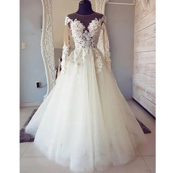 Inexpensive Tulle Applique Long Sleeves Online Long Wedding Dresses, BGP278 Beautiful Bridal Gown