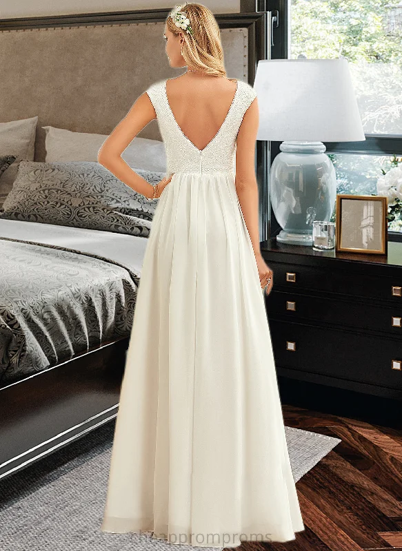 Kenya A-Line V-neck Floor-Length Chiffon Lace Wedding Dress STIP0013722 A-line Wedding Gown