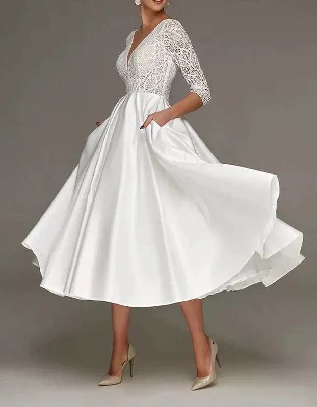 Lace/Satin Long Sleeved Tea Length Wedding Dress All Sizes/Colors Full Skirt Wedding