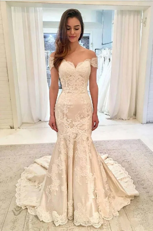 Off the Shoulder Lace Mermaid Sweetheart Wedding Dresses with Train Wedding Gowns WK380 Chic Bridal Gown