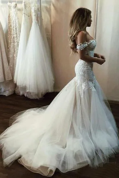 Off the Shoulder Mermaid Tulle Wedding Dresses Lace Appliques Bridal Gown WK448 Classic Lace Gown