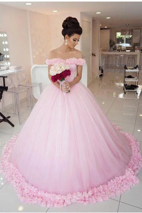 Pink Long Sleeveless Flowers Off the Shoulder Lace up Tulle Ball Gown Wedding Dresses WK369 Empire Waist Gown