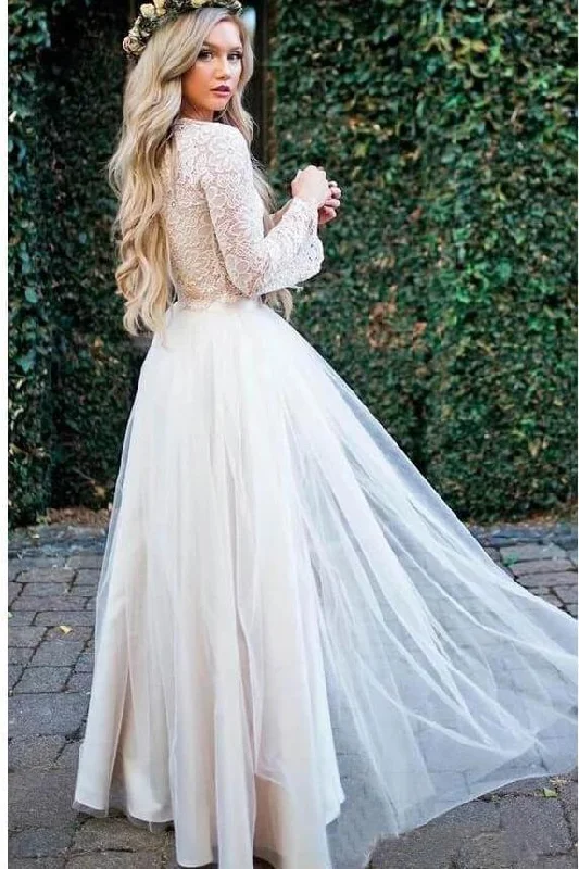 Princess Long Sleeve Lace Top Beach Wedding Dresses With Slit Tulle Ivory Wedding Gowns STK15299 Chic Wedding Gown