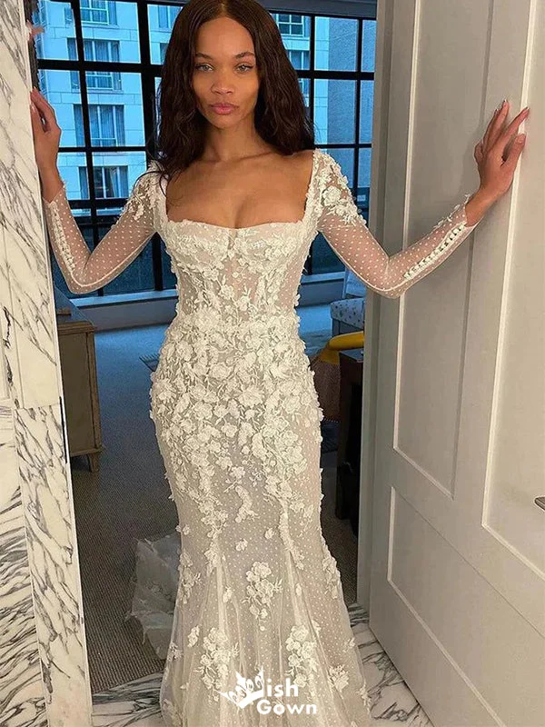 Romantic Square Mermaid  Long Sleeve With Trailing Flower Lace Popular Bridal Long Wedding Dresses, WDH153 Ruffle Wedding Gown