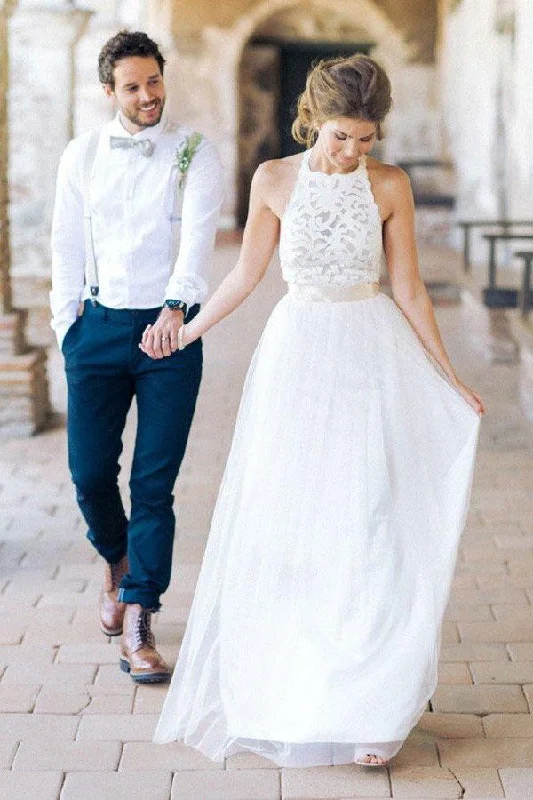 Simple Jewel Chiffon Lace Top Wedding Dress Lace Tulle Beach Wedding Dress with belt N28 Chic Lace Dress