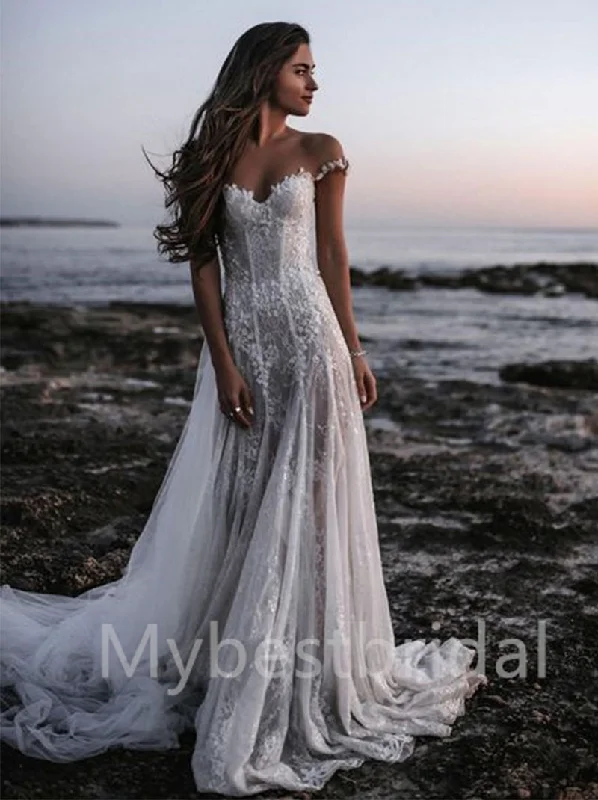 Simple Off-shoulder Sweetheart Mermaid Lace applique Wedding Dresses, WDY0197 Beaded Lace Wedding