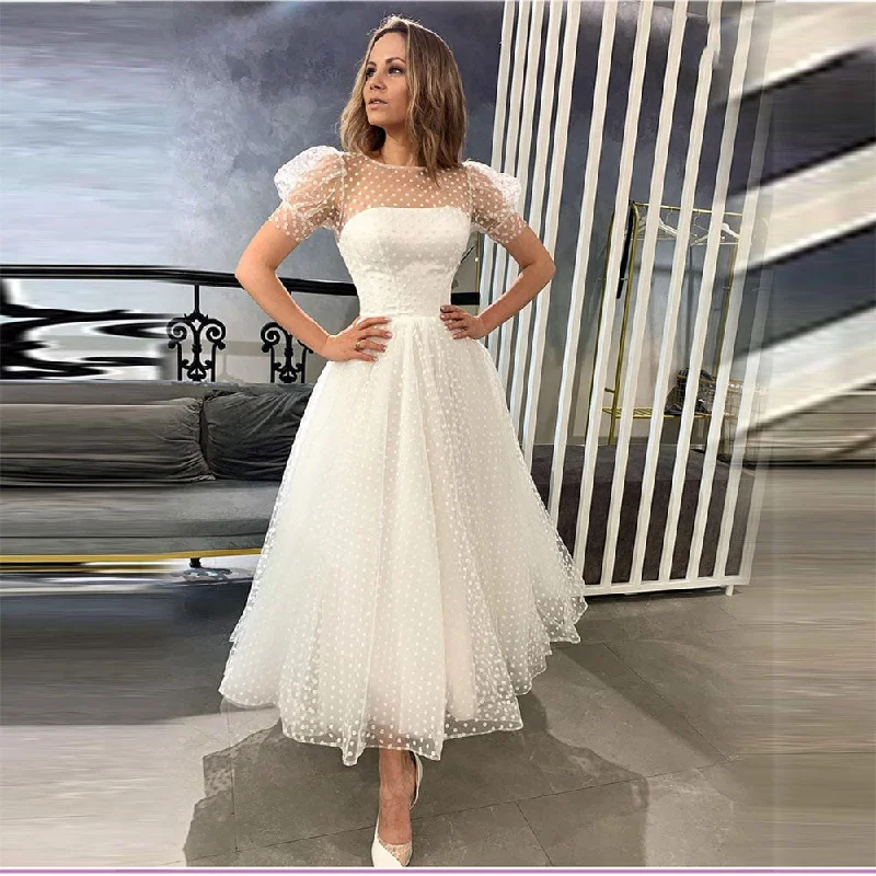 A Line Wedding Dress Scoop Neck Short  Puffy Sleeve Elegant Bridal Gown Full Skirt Wedding