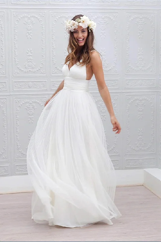 Simple V-neck Floor-Length Wedding Dress With Ruched Sash WD054 Wedding Dress Set