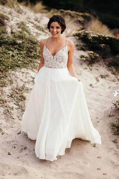 Spaghetti Strap Beaded Wedding Dress Ivory Chiffon V Neck Rustic Wedding Dresses WK478 Illusion Neckline Gown