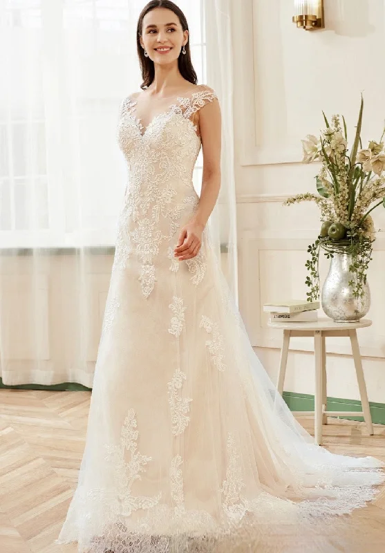 Stunning Illusion Lace Bateau Neckline With Cap Sleeve Wedding Gown Sexy Lace Gown