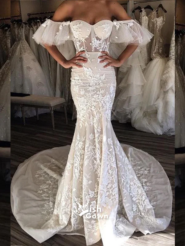 Unique Off the Shoulder Sweetheart Mermaid Applique Long Wedding Dresses, BW152 Full Length Gown