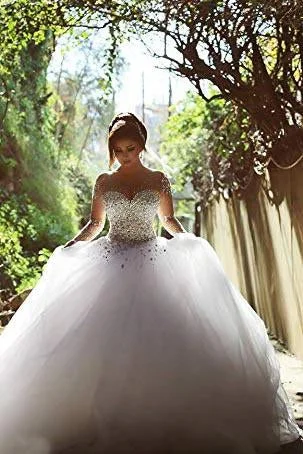 White Sheer Long Sleeves Beaded Sweetheart Crystals Ball Gown Corset Tulle Wedding Dresses WK159 Sleeveless Wedding Dress