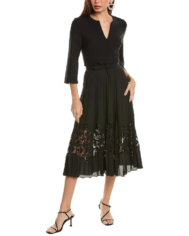 Oscar De La Renta Pleated Skirt Silk-Lined Wool-Blend Midi Dress Off-shoulder midi dresses