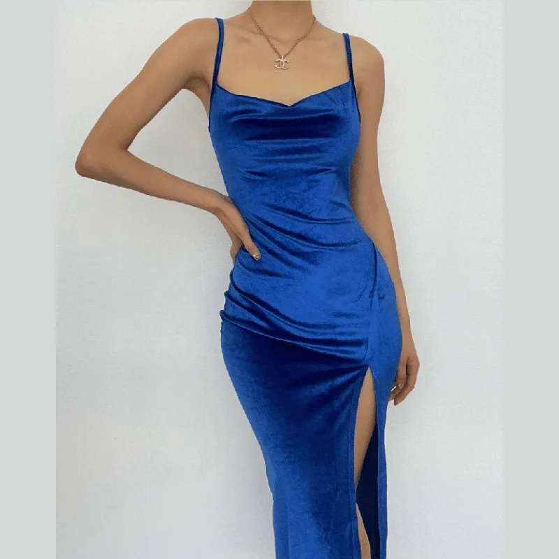 Sleeveless velvet slit cowl neck backless cami midi dress Summer party midi dresses