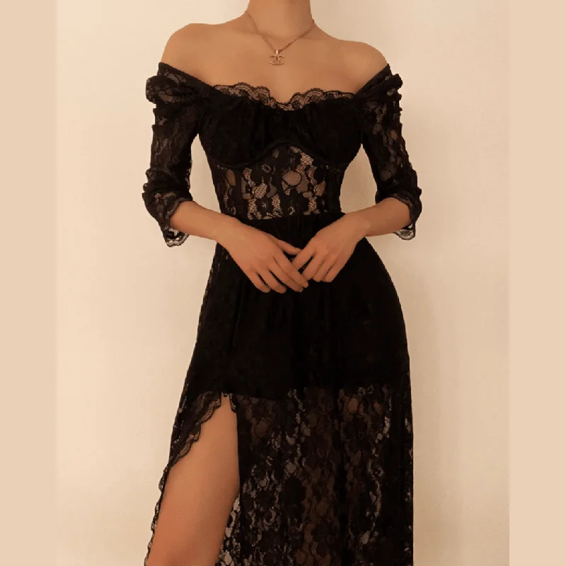 Square neck hem lace slit long sleeve midi dress Cute floral print midi dresses