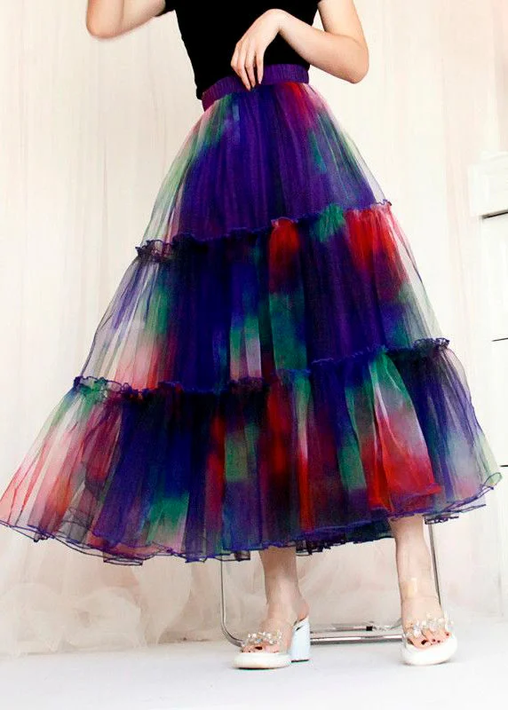 Bohemian Blue Ruffled Tie Dye Tulle Skirt Spring Formal unclassified skirts